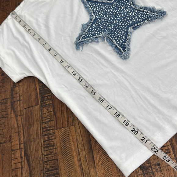 Denim Star Patch Tee with Rhinestones and frayed edges on graphic NWOT Medium - Picture 7 of 11